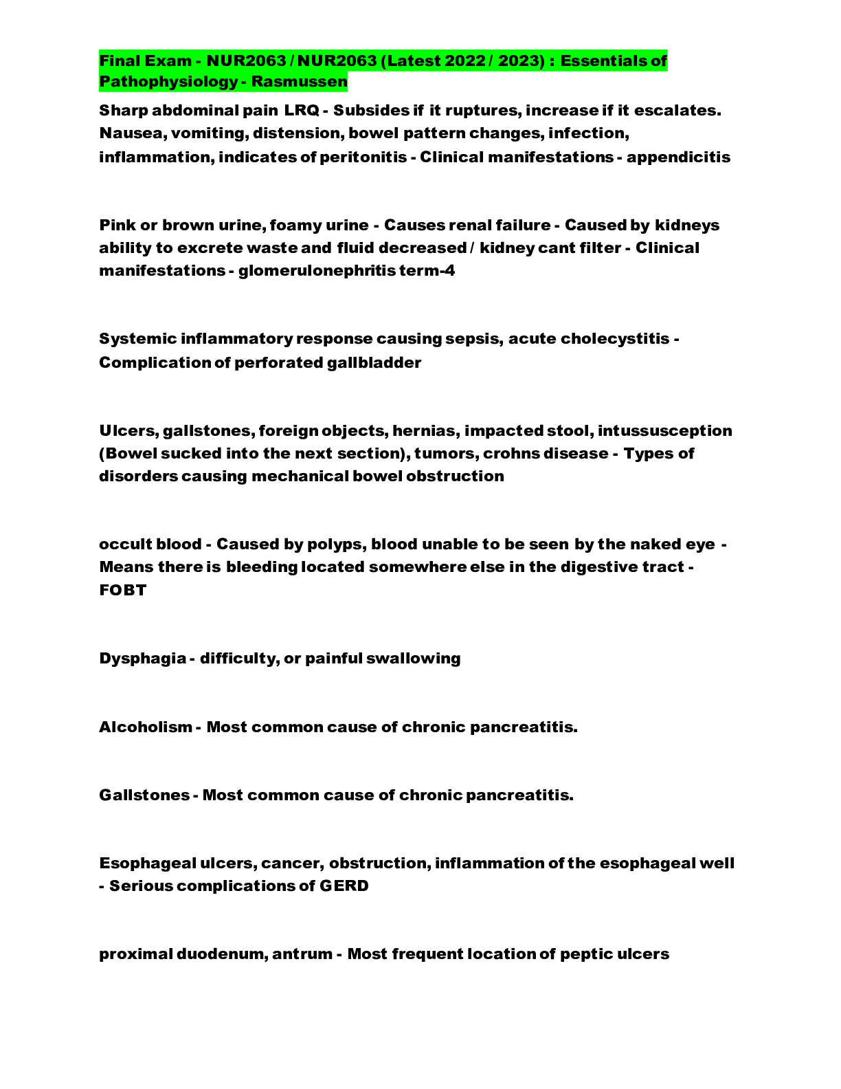 Preview image for Final Exam - NUR2063 / NUR2063 (Latest 2022 / 2023) : Essentials of Pathophysiology - Rasmussen